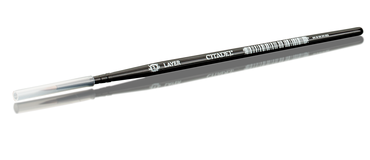 Citadel medium layer paintbrush with black handle and white bristles, angled tip.