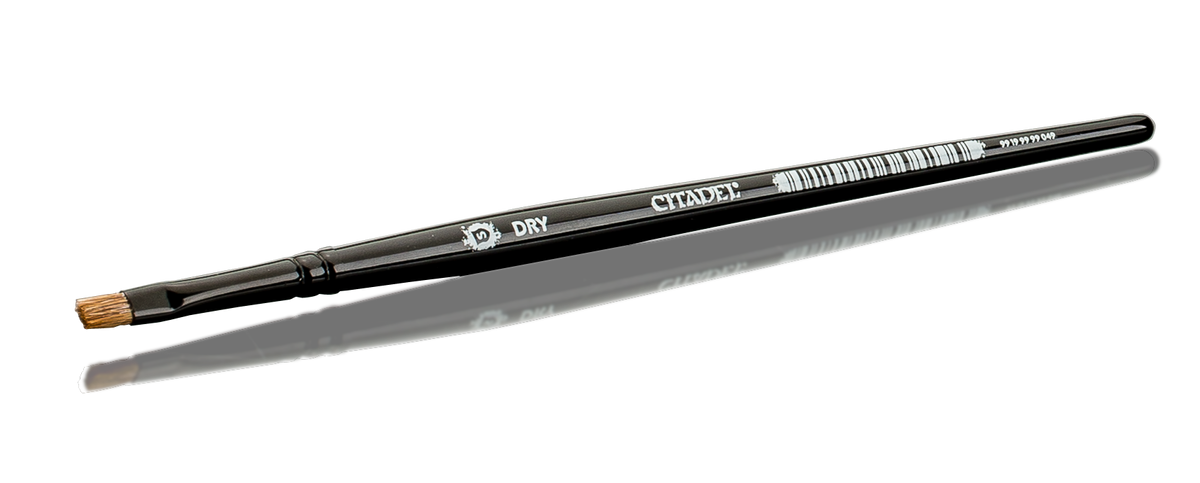 Small paintbrush with black handle and tan bristles labeled Citadel Dry Brush.