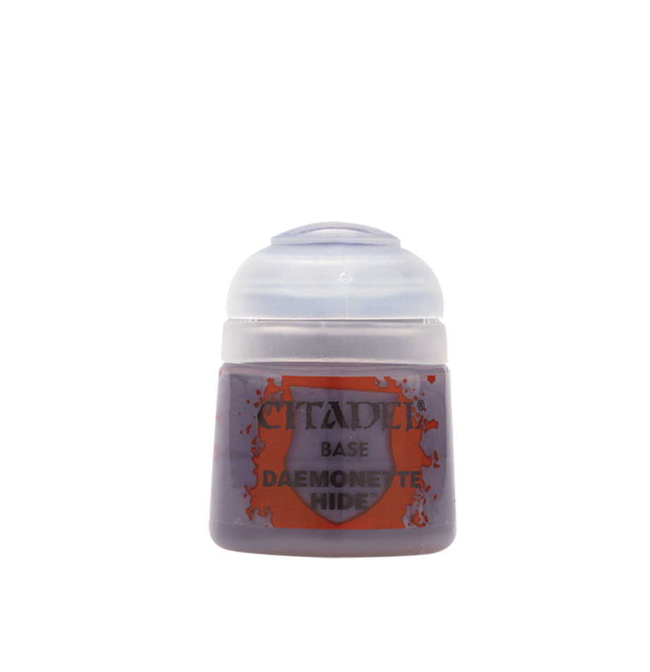Citadel Base Paint: Daemonette Hide - Small plastic pot of reddish-brown Citadel Base Paint labeled Daemonette Hide with a transparent lid.
