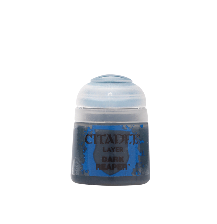 Citadel Layer Paint: Dark Reaper - Small plastic pot of Citadel Layer Paint in dark bluish gray labeled Dark Reaper with blue and black accents.