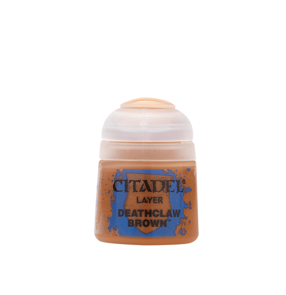 Citadel Layer Paint: Deathclaw Brown - Small plastic paint pot with a warm brown label reading Citadel Layer Deathclaw Brown and an opaque beige cap.