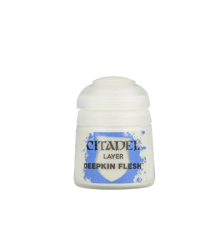 Citadel Layer Paint: Deepkin Flesh - Small plastic pot of Citadel Layer Paint in pale grayish-blue labeled Deepkin Flesh with rounded clear lid.
