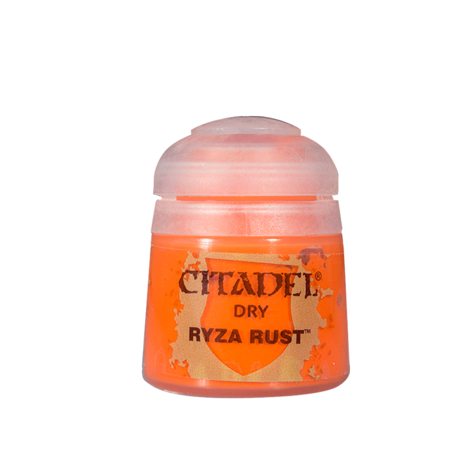 Citadel Dry Paint: Ryza Rust - Small Citadel Dry Paint pot labeled Ryza Rust with bright orange color visible through clear plastic container.