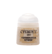Citadel Dry Paint: Terminatus Stone - Small square plastic pot of beige Citadel Dry Terminatus Stone paint with rounded white lid.