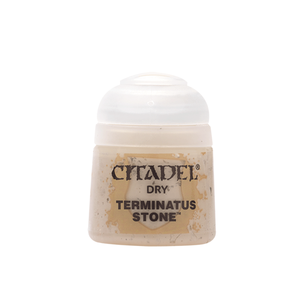 Citadel Dry Paint: Terminatus Stone - Small square plastic pot of beige Citadel Dry Terminatus Stone paint with rounded white lid.