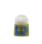 Citadel Layer Paint: Elysian Green - Small plastic pot of Citadel Layer Paint in bright olive green with a clear flip-top lid and label reading "Elysian Green".