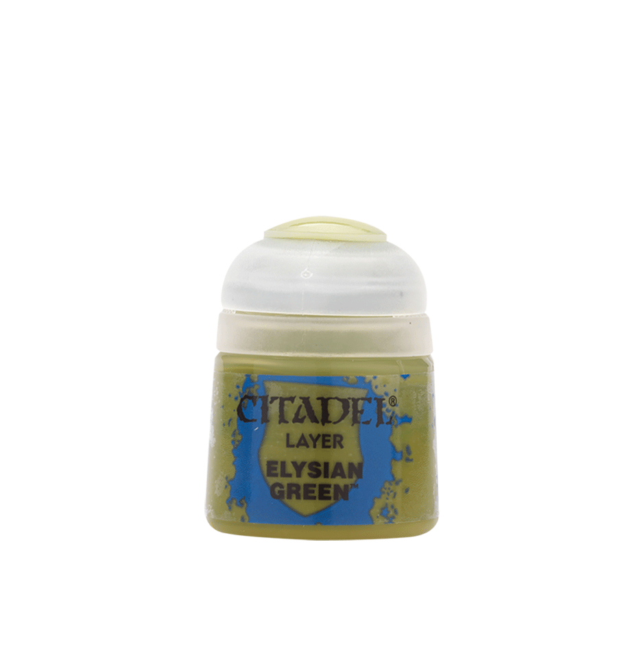 Citadel Layer Paint: Elysian Green - Small plastic pot of Citadel Layer Paint in bright olive green with a clear flip-top lid and label reading "Elysian Green".