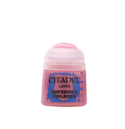 Citadel Layer Paint: Emperor's Children - Small plastic pot of Citadel Layer Paint in glossy pastel pink labeled Emperor's Children with blue decorative splashes.