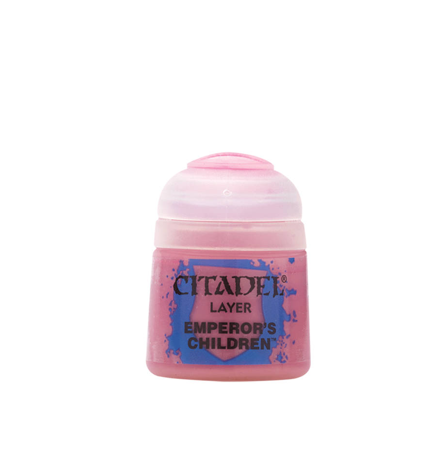 Citadel Layer Paint: Emperor's Children - Small plastic pot of Citadel Layer Paint in glossy pastel pink labeled Emperor's Children with blue decorative splashes.