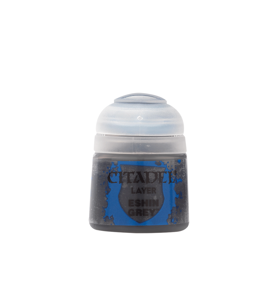 Citadel Layer Paint: Eshin Grey - Small clear plastic pot of Citadel Layer Paint in muted dark gray labeled Eshin Grey with a blue and black shield logo.