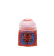 Citadel Layer Paint: Evil Sunz Scarlet - Small transparent plastic paint pot filled with bright red Citadel Layer Paint labeled Evil Sunz Scarlet.