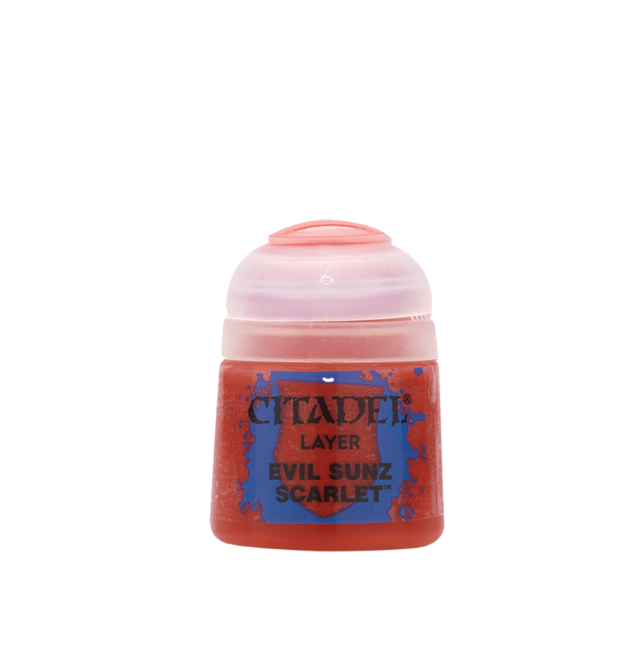 Citadel Layer Paint: Evil Sunz Scarlet - Small transparent plastic paint pot filled with bright red Citadel Layer Paint labeled Evil Sunz Scarlet.