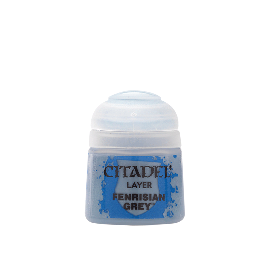 Citadel Layer Paint: Fenrisian Grey - Small plastic pot of Citadel Layer Paint in Fenrisian Grey, with blue and grey label and white lid.