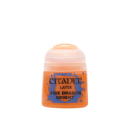 Citadel Layer Paint: Fire Dragon Bright - Small clear plastic pot of bright orange Citadel Layer Paint labeled Fire Dragon Bright with black text and splash design.