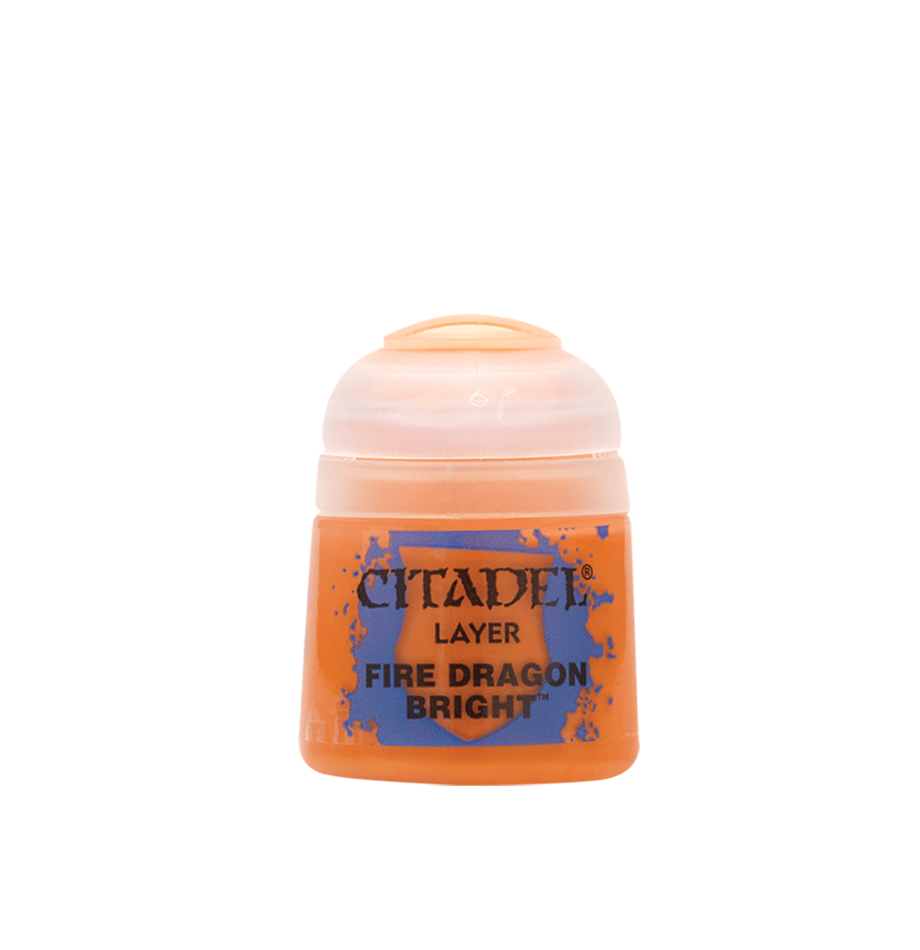 Citadel Layer Paint: Fire Dragon Bright - Small clear plastic pot of bright orange Citadel Layer Paint labeled Fire Dragon Bright with black text and splash design.