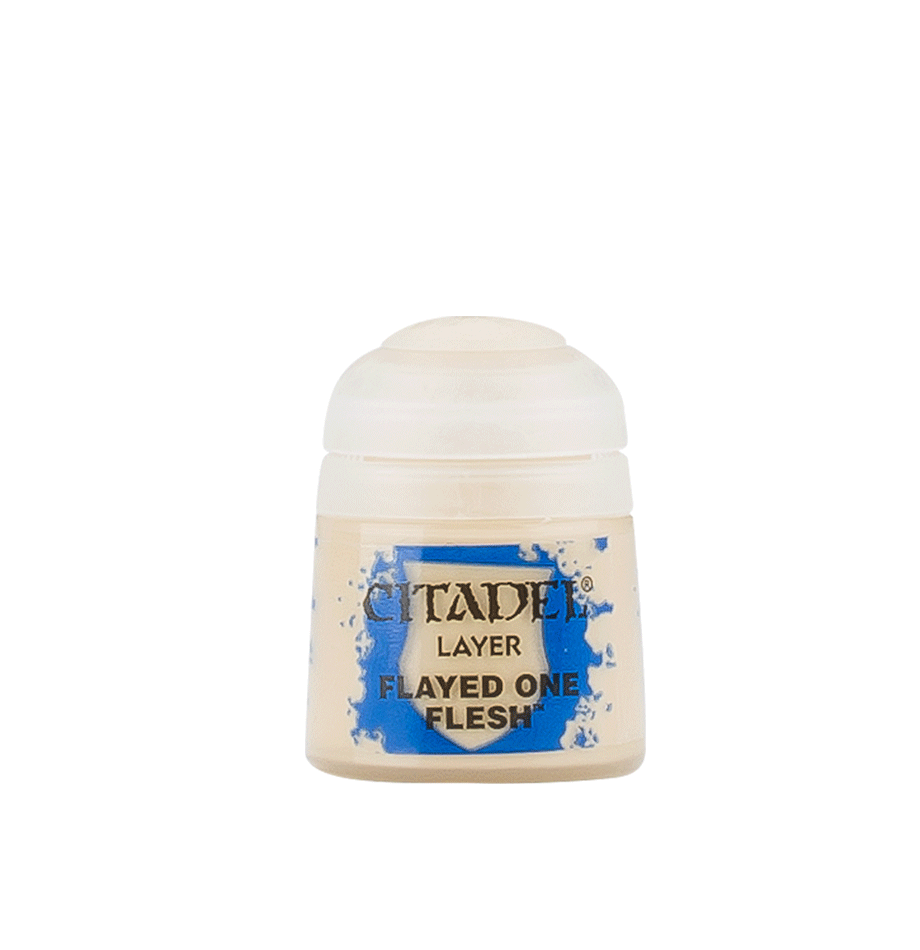 Citadel Layer Paint: Flayed One Flesh - Small beige plastic pot of Citadel Layer Paint labeled Flayed One Flesh with blue paint splatter design on the front.