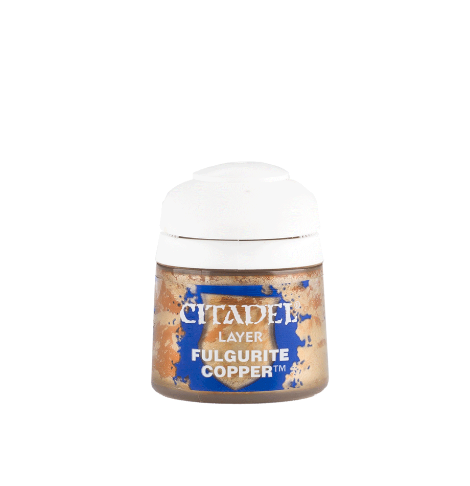 Citadel Layer Paint: Fulgurite Copper - Small plastic pot of metallic copper paint with a white lid labeled Citadel Layer Fulgurite Copper.