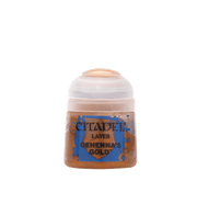 Citadel Layer Paint: Gehenna's Gold - Small round plastic paint pot with a blue label reading "Citadel Layer Gehenna's Gold" containing metallic gold acrylic.
