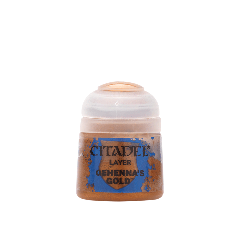 Citadel Layer Paint: Gehenna's Gold - Small round plastic paint pot with a blue label reading "Citadel Layer Gehenna's Gold" containing metallic gold acrylic.
