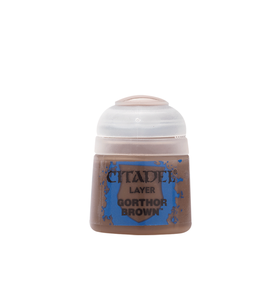 Citadel Layer Paint: Gorthor Brown - Citadel Layer Paint pot in Gorthor Brown with blue and black label.