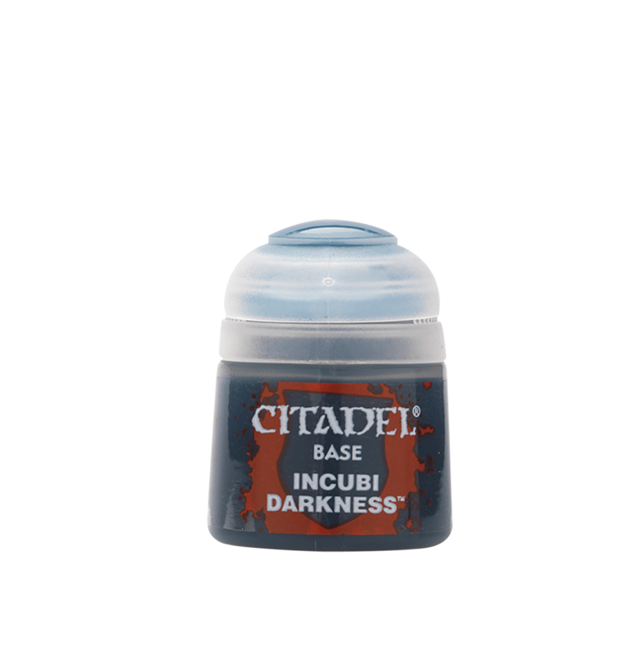 Citadel Base Paint: Incubi Darkness - Small round paint pot with dark gray label reading Citadel Base Incubi Darkness, translucent light gray plastic lid.