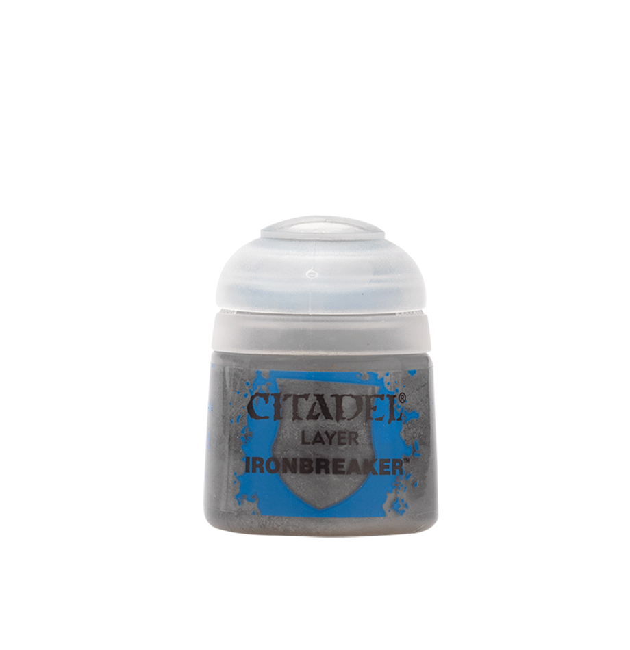 Citadel Layer Paint: Ironbreaker - Citadel Layer Paint Pot in metallic silver Ironbreaker shade with gray label and blue accents.