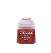 Citadel Base Paint: Khorne Red - Small plastic pot of Citadel Base Paint in bright red labeled Khorne Red with rounded transparent lid.