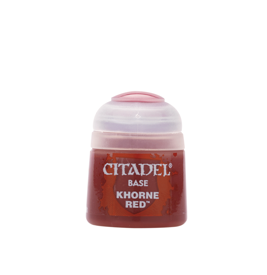 Citadel Base Paint: Khorne Red - Small plastic pot of Citadel Base Paint in bright red labeled Khorne Red with rounded transparent lid.