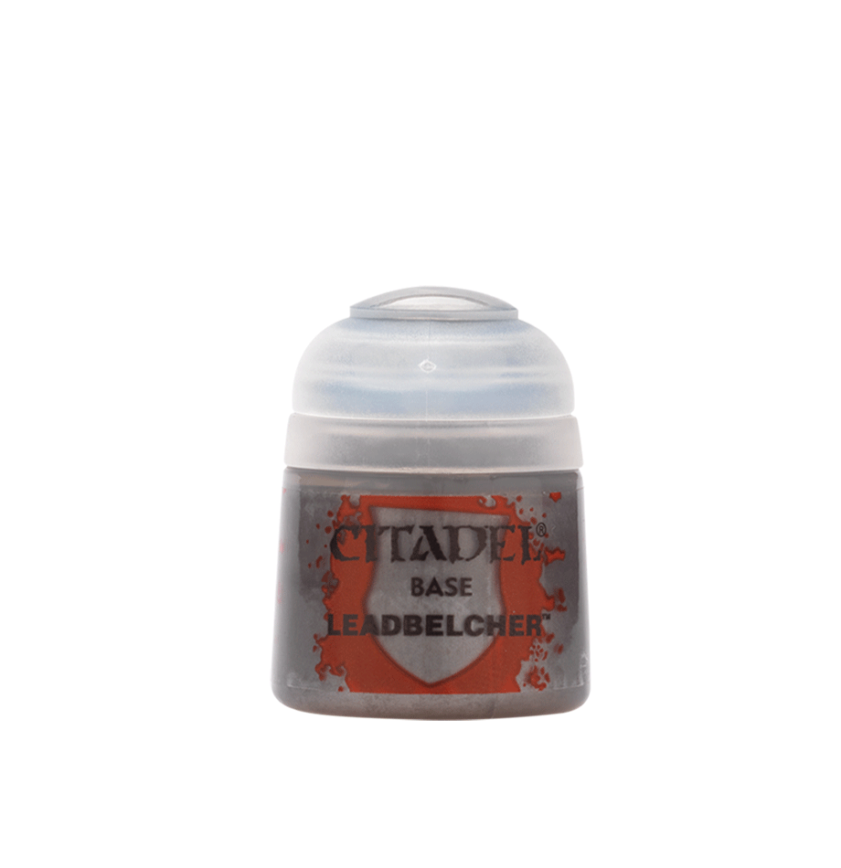 Citadel Base Paint: Leadbelcher - Small gray plastic paint pot labeled Citadel Base Leadbelcher with red design accents.