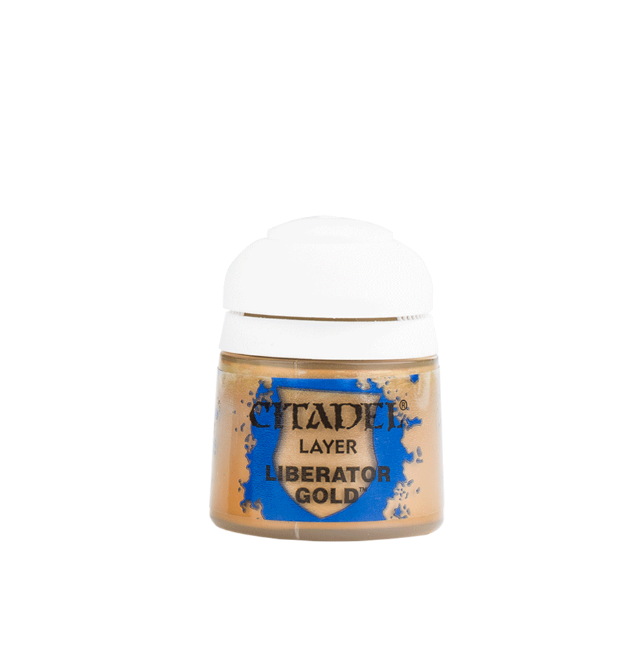 Citadel Layer Paint: Liberator Gold - Citadel Layer Paint pot in metallic Liberator Gold with white cap and blue logo details.