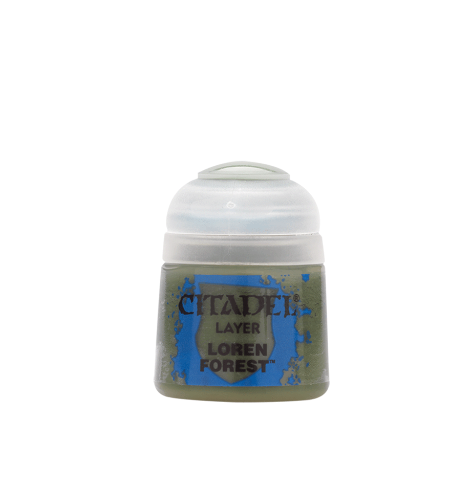 Citadel Layer Paint: Loren Forest - Small plastic paint pot with dark green paint labeled Citadel Layer Loren Forest.