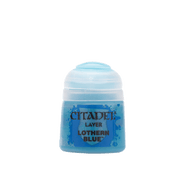 Citadel Layer Paint: Lothern Blue - Small transparent plastic pot of bright blue acrylic paint labeled Citadel Layer Lothern Blue with a rounded lid.