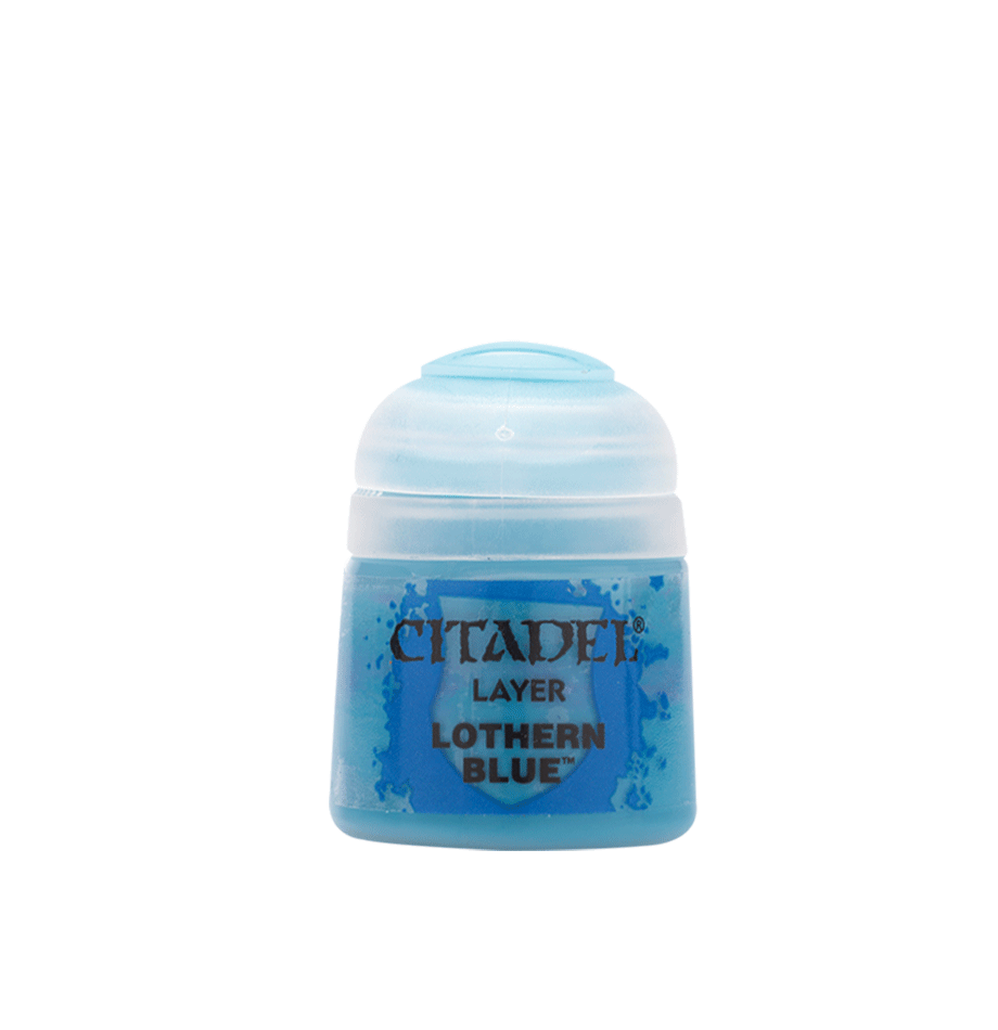 Citadel Layer Paint: Lothern Blue - Small transparent plastic pot of bright blue acrylic paint labeled Citadel Layer Lothern Blue with a rounded lid.