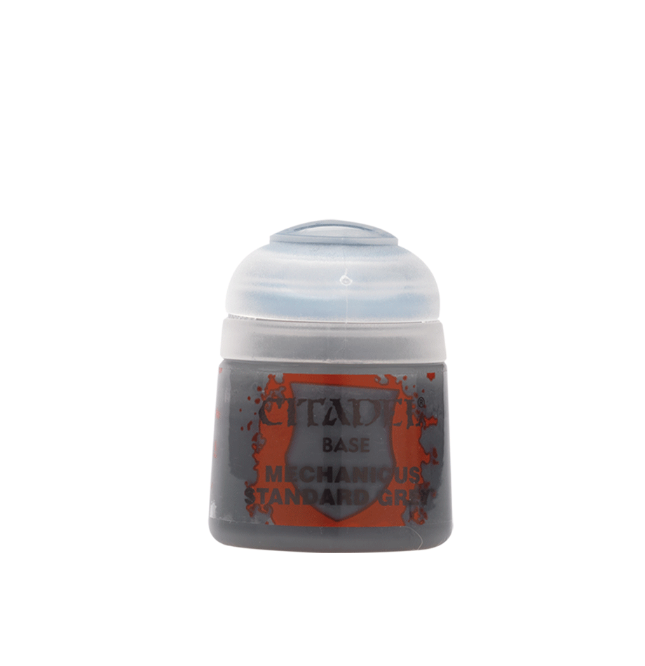 Citadel Base Paint: Mechanicus Standard Grey - Small clear plastic pot of Citadel Base Paint in Mechanicus Standard Grey with a flip-top lid and red text on the label.