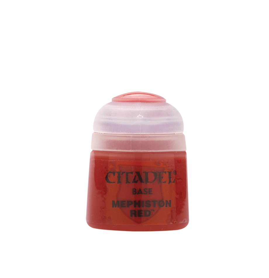 Citadel Base Paint: Mephiston Red - Small pot of Citadel Base Paint in vibrant Mephiston Red with secure clear lid.