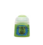 Citadel Layer Paint: Moot Green - Small pot of Citadel Layer Paint in bright Moot Green with a clear lid and blue paint splatters on the label.