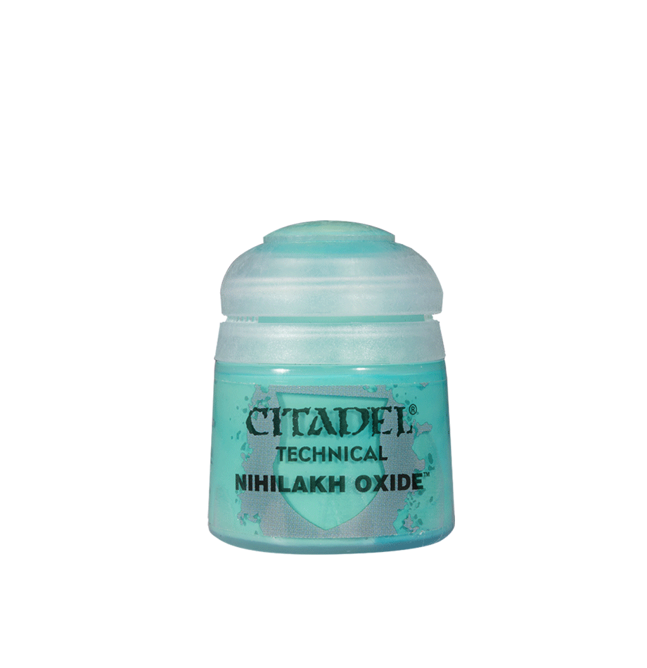 Citadel Technical Paint: Nihilakh Oxide - Small jar of teal green Citadel Technical Paint labeled Nihilakh Oxide with a clear plastic lid.