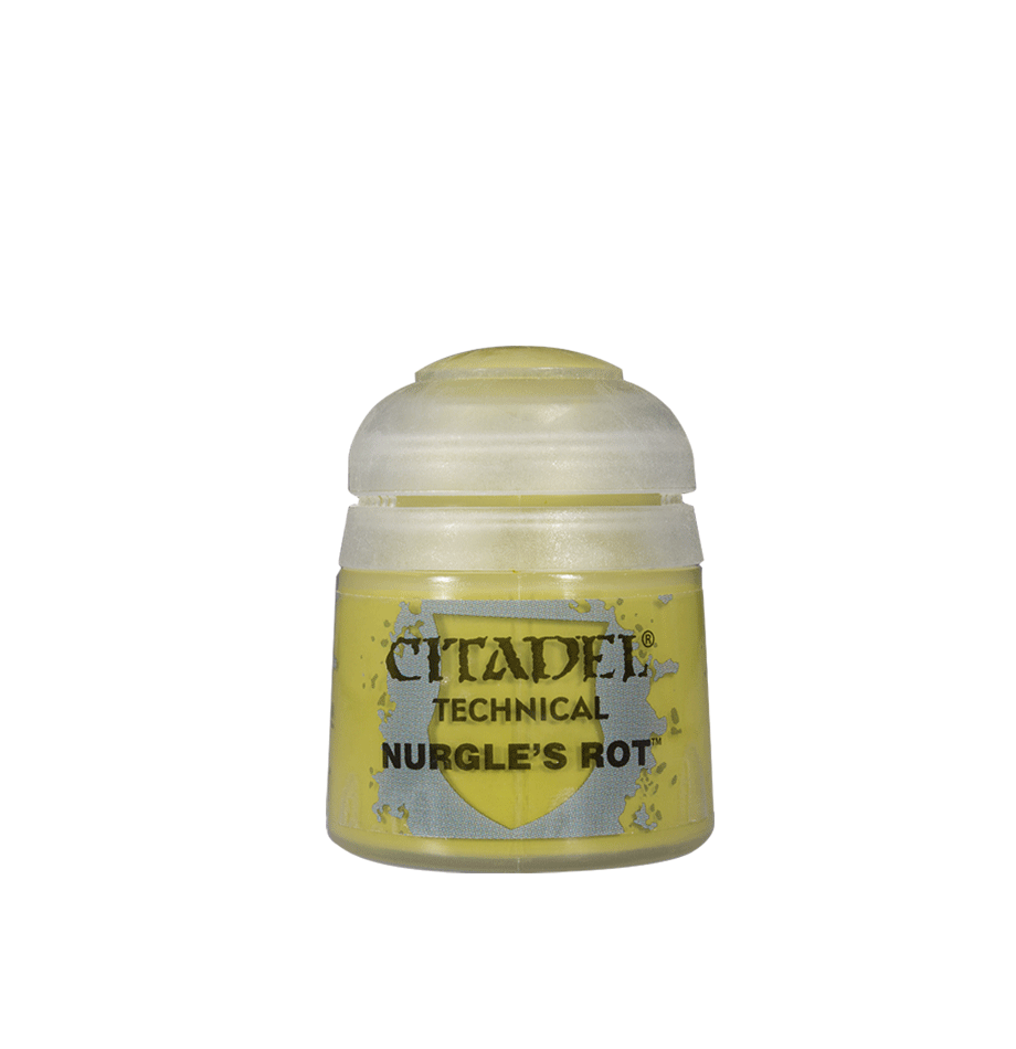 Citadel Technical Paint: Nurgles Rot - Small clear plastic jar with lime green paint labeled Citadel Technical Nurgle's Rot.