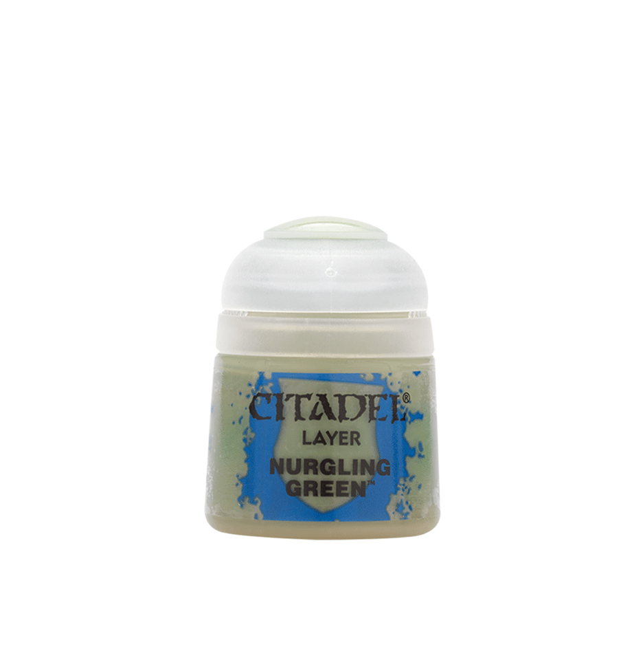 Citadel Layer Paint: Nurgling Green - Citadel Layer Paint pot in Nurgling Green with white lid and blue label accents.