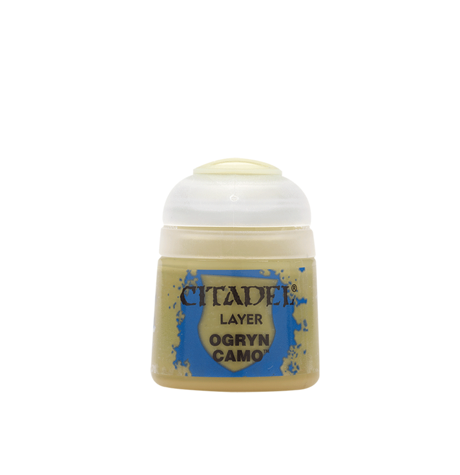Citadel Layer Paint: Ogryn Camo - Small pot of Citadel Layer Paint in muted olive green labeled Ogryn Camo with white flip-top lid.