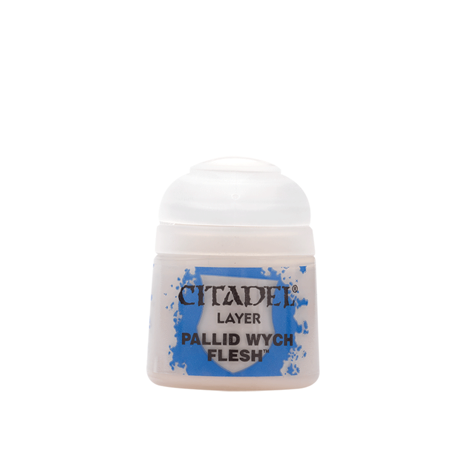 Citadel Layer Paint: Pallid Wych Flesh - Citadel Layer Paint pot in pale beige color labeled Pallid Wych Flesh with white cap.