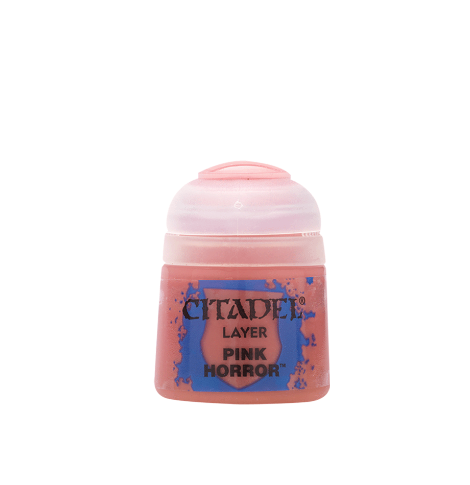Citadel Layer Paint: Pink Horror - Small plastic pot of bright pink paint labeled Citadel Layer Pink Horror with blue accents.