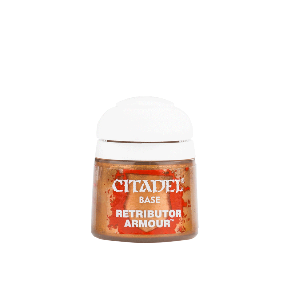 Citadel Base Paint: Retributor Armour - Small clear pot of Citadel Base Paint in metallic gold labeled Retributor Armour with white lid.