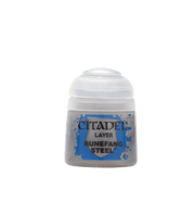 Citadel Layer Paint: Runefang Steel - Small translucent plastic pot of metallic silver paint labeled Citadel Layer Runefang Steel.