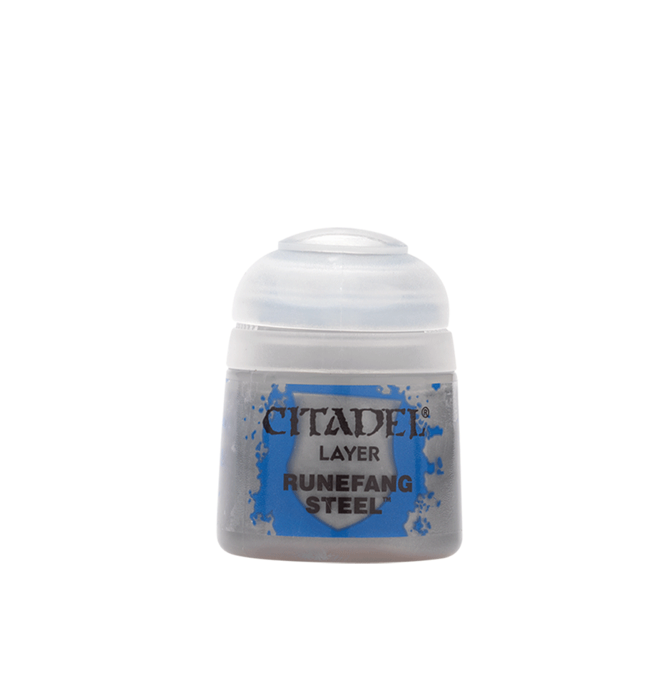 Citadel Layer Paint: Runefang Steel - Small translucent plastic pot of metallic silver paint labeled Citadel Layer Runefang Steel.