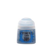 Citadel Layer Paint: Russ Grey - Small blue plastic pot of Citadel Layer Paint labeled Russ Grey with blue paint stains on label.