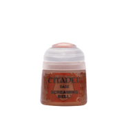 Citadel Base Paint: Screaming Bell - Small plastic pot of Citadel Base Paint labeled Screaming Bell with bright orange-red paint inside.