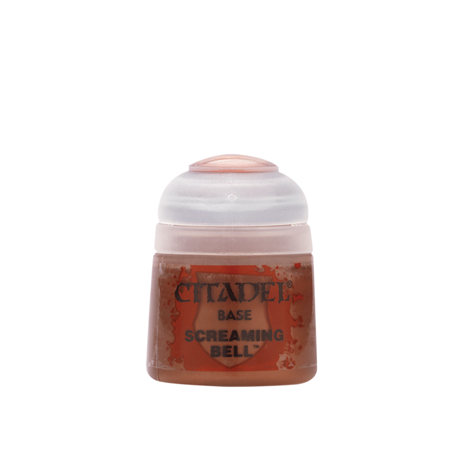 Citadel Base Paint: Screaming Bell - Small plastic pot of Citadel Base Paint labeled Screaming Bell with bright orange-red paint inside.