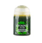 Citadel Shade Paint: Athonian Camoshade - Small bottle of Citadel Shade paint in Athonian Camoshade with dark green label and clear cap.