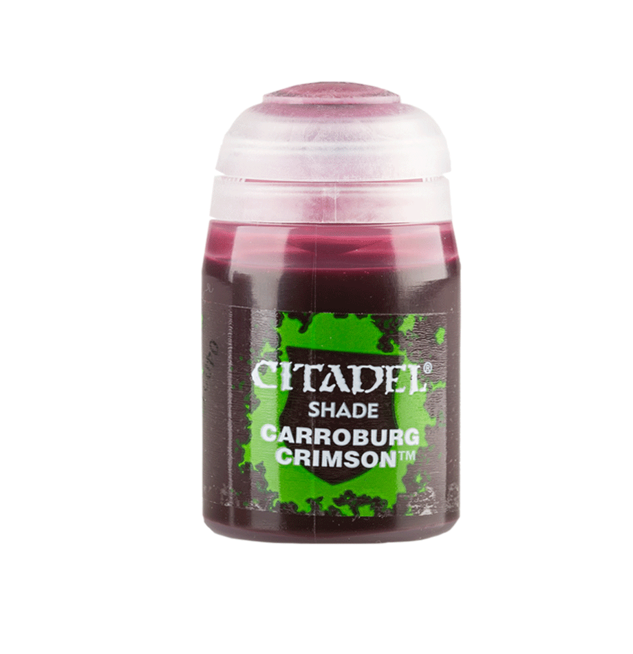 Citadel Shade Paint: Carroburg Crimson - Small transparent plastic pot of Citadel Shade paint in deep red Carroburg Crimson with a green label and white text.